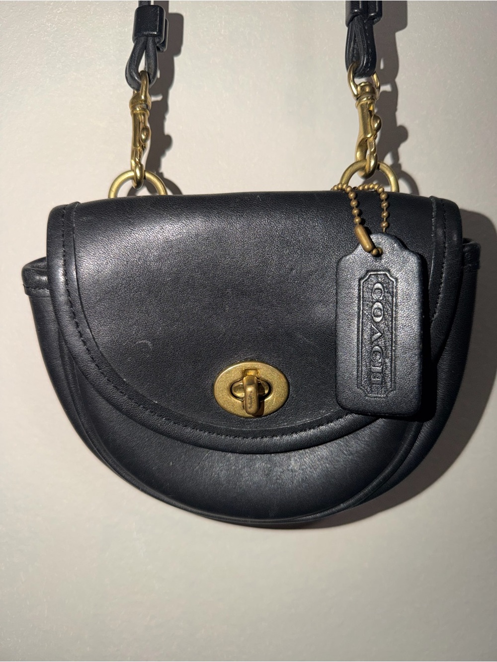 Vintage Coach Black Leather Mini Saddle Crossbody Bag Brass Turnlock